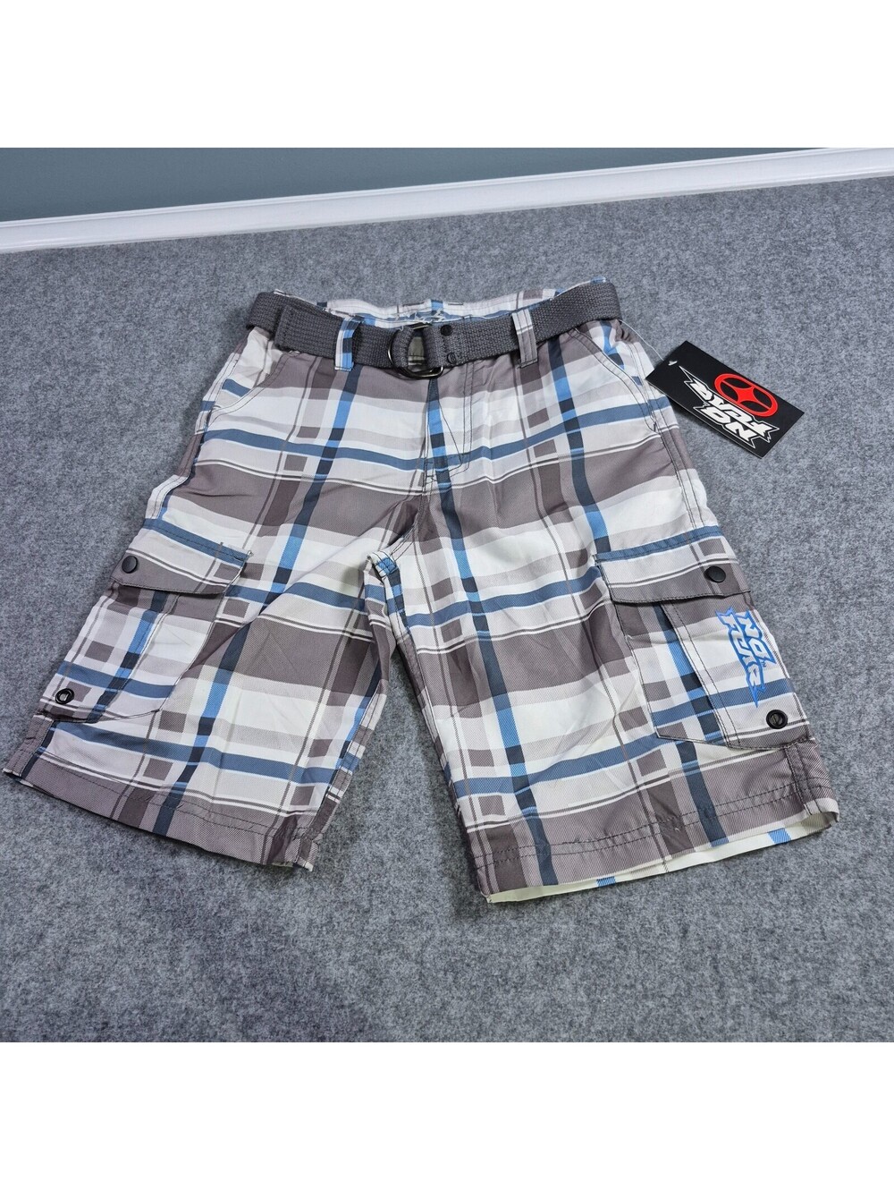 New  Sz Boy 14 NO FEAR Plaid Cargo Pocket Belted Shorts Dressy Casual